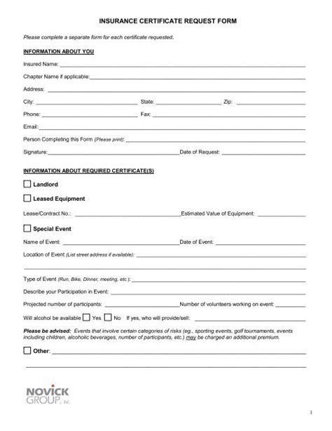 insurance certificate request form novick group