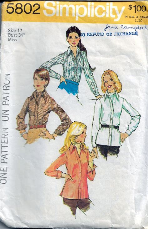 simplicity 5802 vintage 1970 s sewing pattern ladies blouse shirt