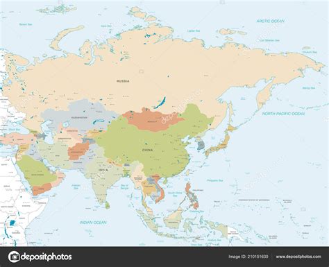 vektorkarte des asiatischen kontinents mit laendern hauptstaedten