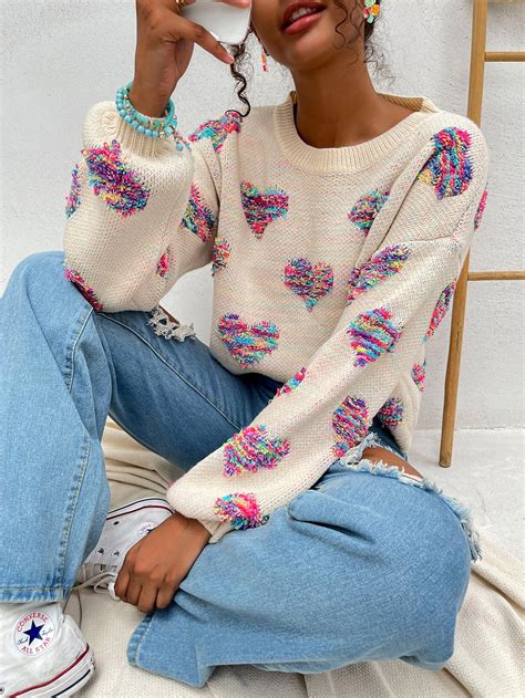 Shein Qutie Drop Shoulder Heart Pattern Sweater Shein Usa