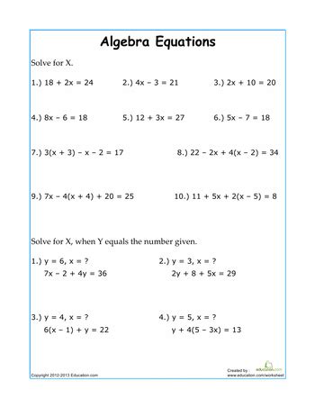 practice algebra equations worksheet educationcom algebra