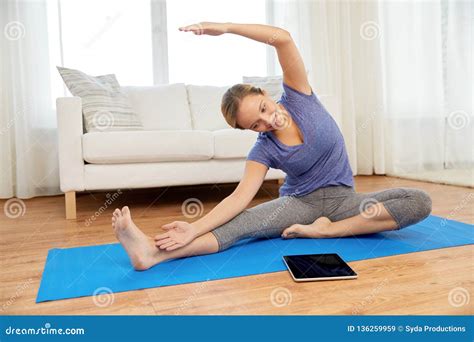 woman  tablet computer  yoga  home stock image image  concept relaxation