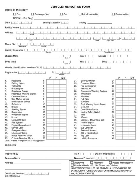 printable dot pre trip inspection form printable form