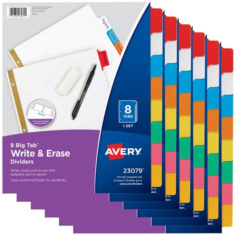 avery write erase paper divider color big tab  tab pk