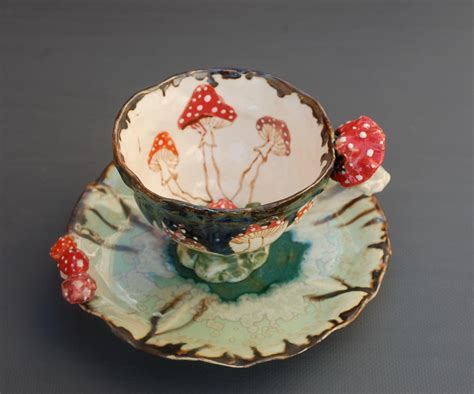 mushrooms teacup  saucer set alice  wonderland surprise mug cup figurine handmade tea