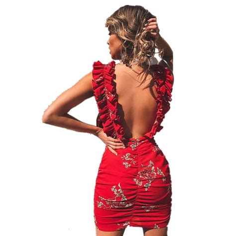 2018 Summer Womens Dress Red Sexy Deep V Neck Floral Printed Bodycon