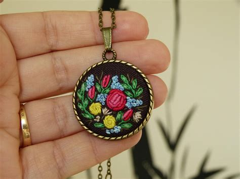 boho floral jewelry embroidery necklace embroidered etsy
