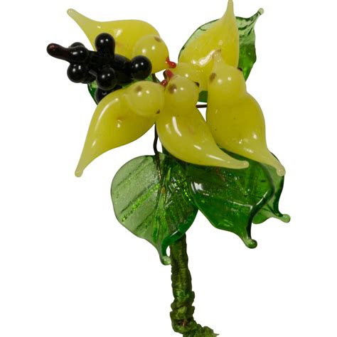 yellow glass birds leaves and black berries brooch pin