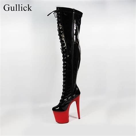 Super High Over The Knee Boots Women Black Patent Leather Platform Lace
