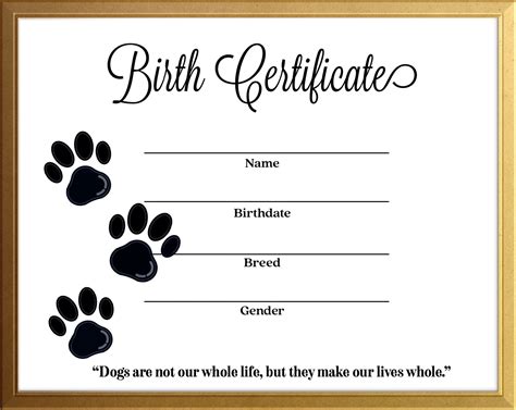 simple dog canine birth certificate instant  printable template