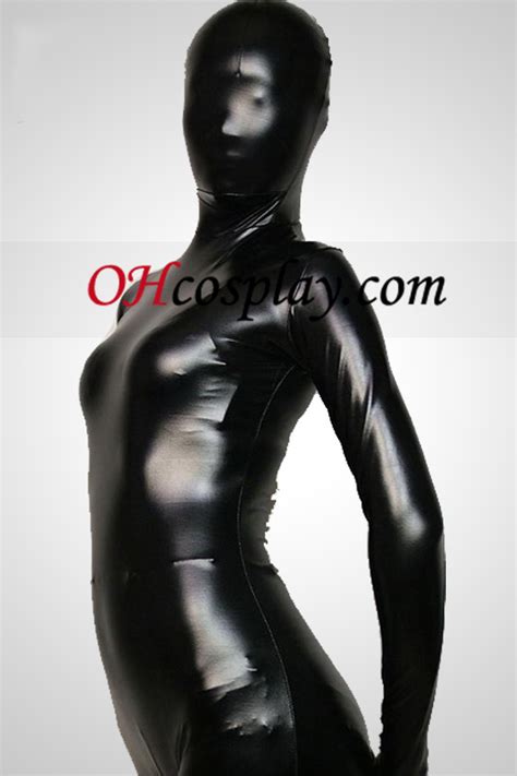 black full body shiny metallic zentai suit zt