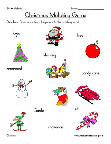 christmas matching worksheet  pictures  words