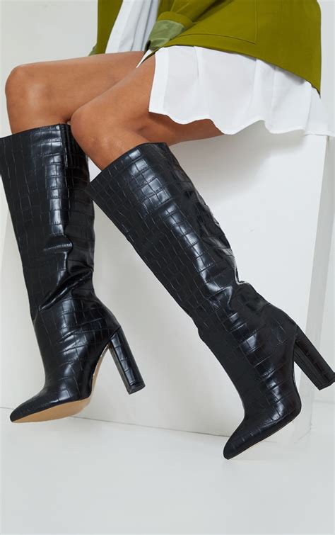 black wide fit croc pu knee high block heel boots prettylittlething