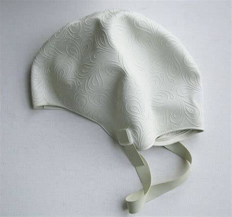 Vintage Bathing Swim Cap White Rubber With Snap Chin Strap