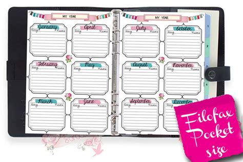 filofax pocket size printable year   pages  insert pages etsy