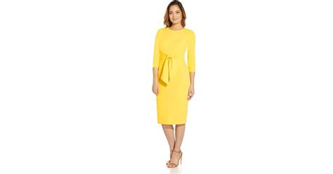 adrianna papell synthetic knit crepe tie waist sheath dress  yellow