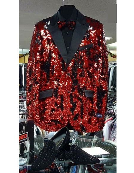 Fashion Mens Red And Black Lapel Sequin Tuxedo