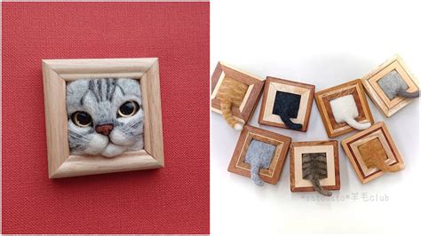 realistic felted wool cat heads and tails in frames