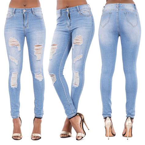 womens ladies sexy high waist skinny ripped jeans blue stretch denim