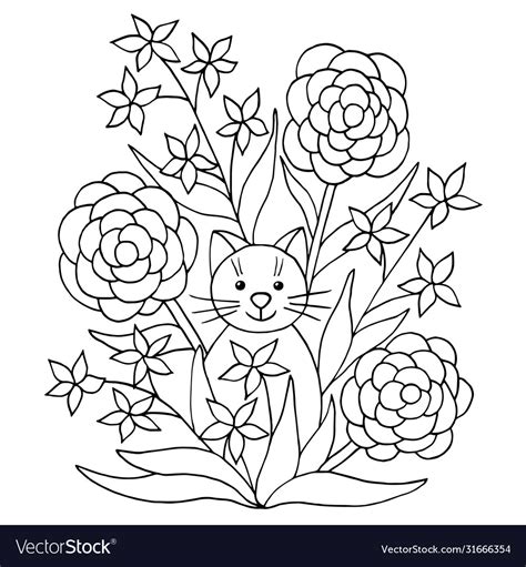 coloring page  cat  flowers royalty  vector image