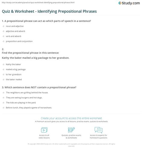 quiz worksheet identifying prepositional phrases studycom