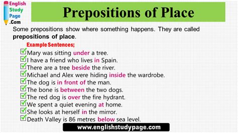 prepositions  place   sentences english study page