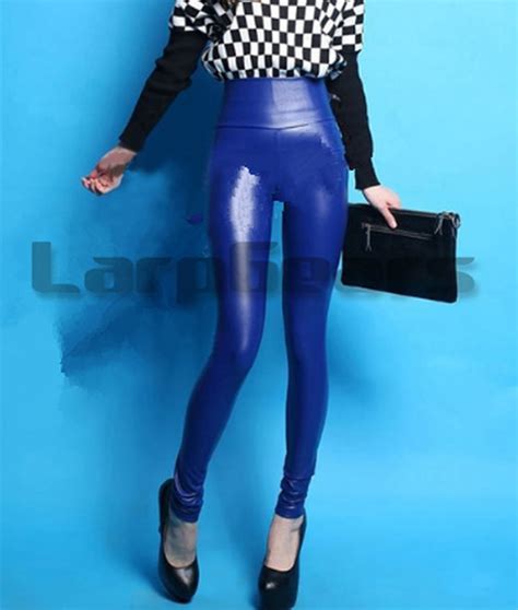 high waist dark blue latex leggings fashion woman rubber latex pants