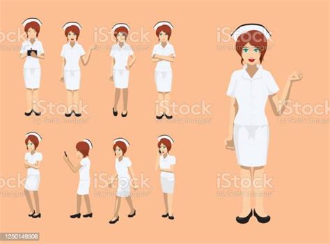 manga woman red head nurse uniform poses vector illustration stock