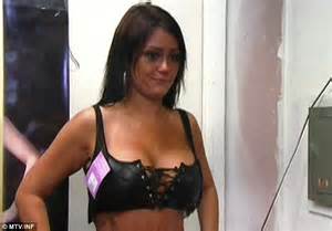 jersey shore s jennifer farley gives fans an eyeful as she tries on racy latex costume daily