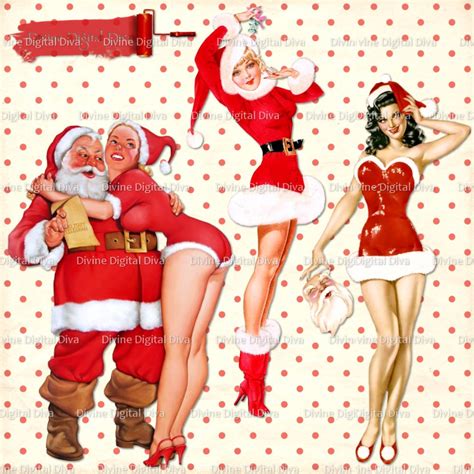 christmas pinup girls vintage santa presents hat holiday digital