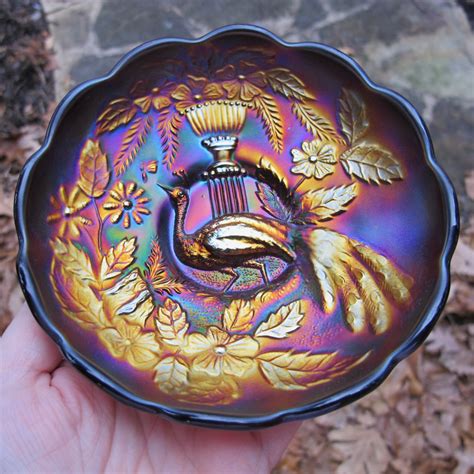 antique northwood peacock  urn amethyst carnival glass berry bowl