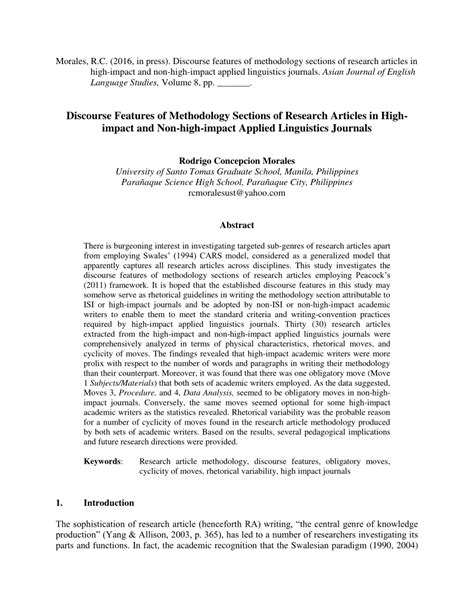 discourse features  methodology sections  research articles