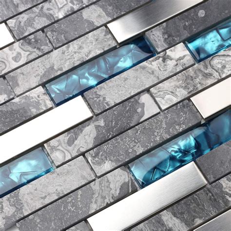 Gray Marble Backsplash Tiles Teal Blue Glass Mosaic Wall Metal Tile