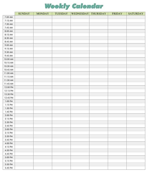 printable weekly calendar   minute time slots printable