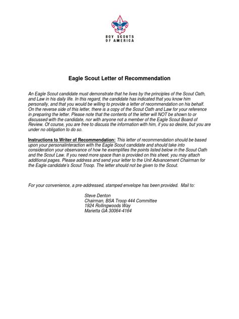 eagle scout letter  recommendation boy scouts  america scouting