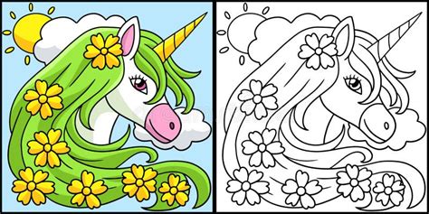 unicorn flower coloring page  kids stock vector illustration