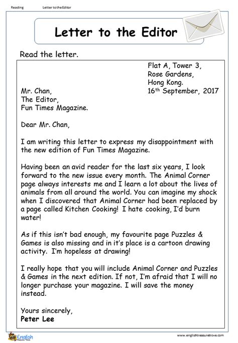 letter   editor reading comprehension worksheet english treasure