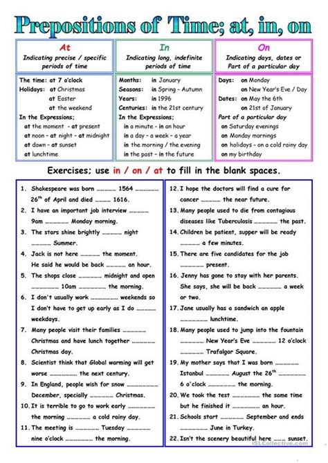 prepositions  time english prepositions english grammar worksheets