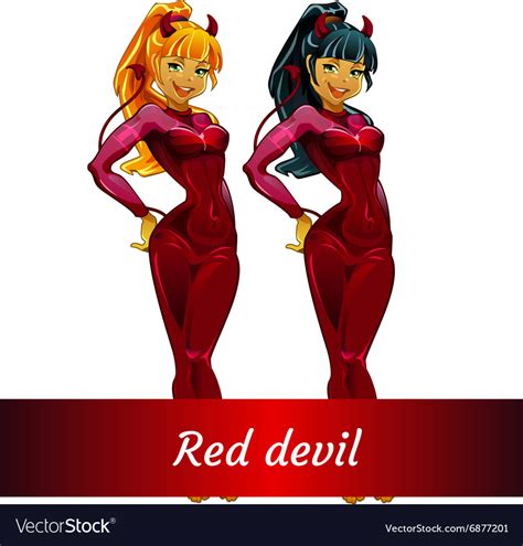 two girls devils blonde and brunette in red latex vector image