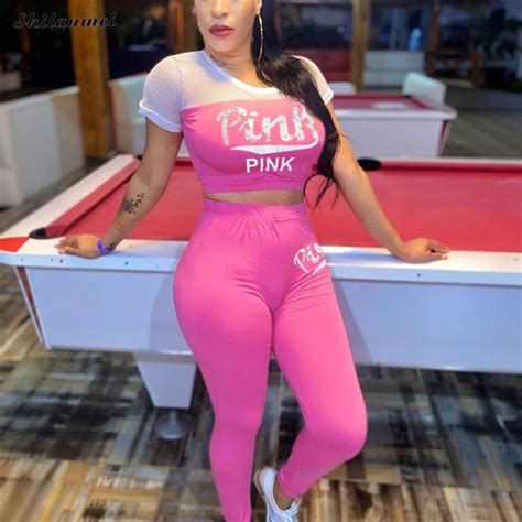 pink letter print sexy 2 piece set women casual outfits mesh hollow