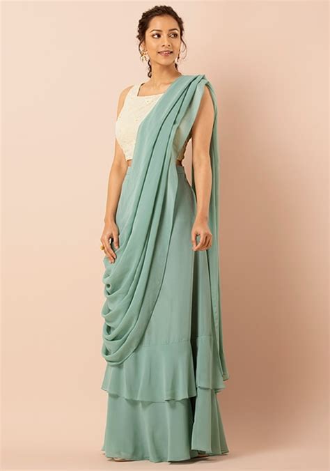 buy women green solid ruffled sari skirt cocktail wear indya