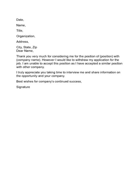 sample letter  withdraw application  letter template collection