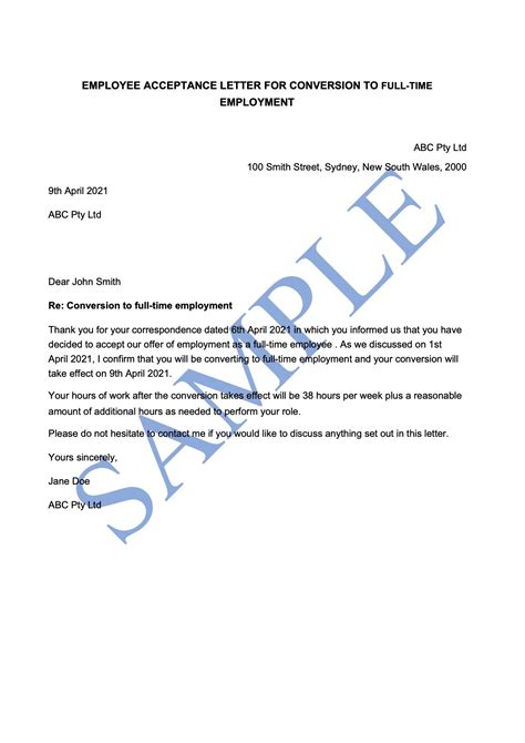 employee acceptance letter  conversion  full time  part time