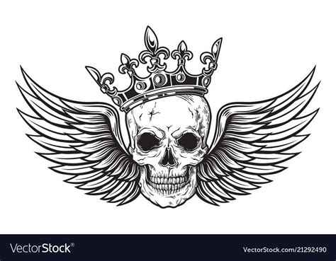 Human Skull With Wings And Crown For Tattoo Design Vector Illustration