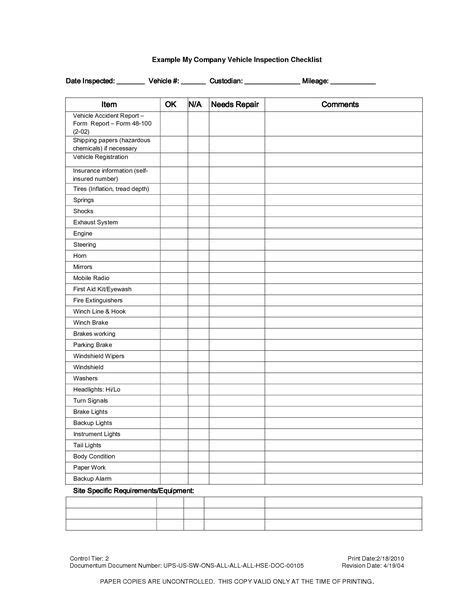 vehicle inspection checklist template inspection checklist checklist