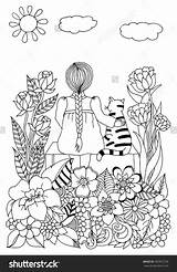 Coloring Girl Pages Zentangle Bench Garden Shutterstock Illustration Sitting Vector Adult Book Board Adults Books Stress Anti Colouring Cats Colors sketch template