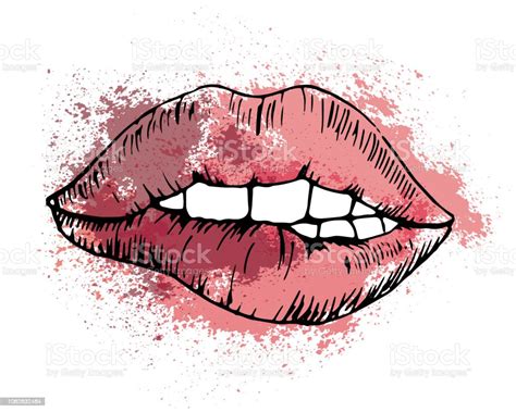 sketch vector drawing bitten lip on the background of bright pink