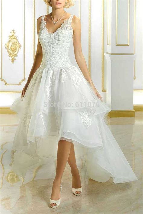2016 Hi Lo Elegant White Lace Appliques V Neck Wedding Dress Sexy