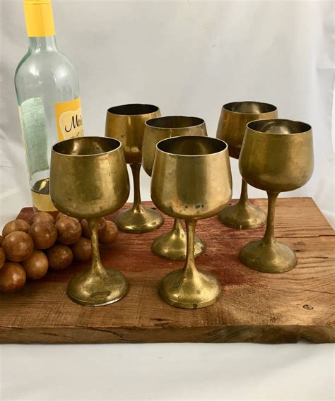 Vintage Set Of 6 Brass Goblets French Cottage Chic Cups Rustic Etsy