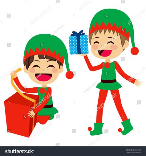cute santa elves helpers wrapping and holding presents stock vector